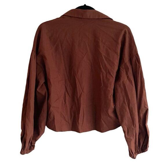 Crescent Linen Cropped Button Front Blouse Brown S - Picture 4 of 5